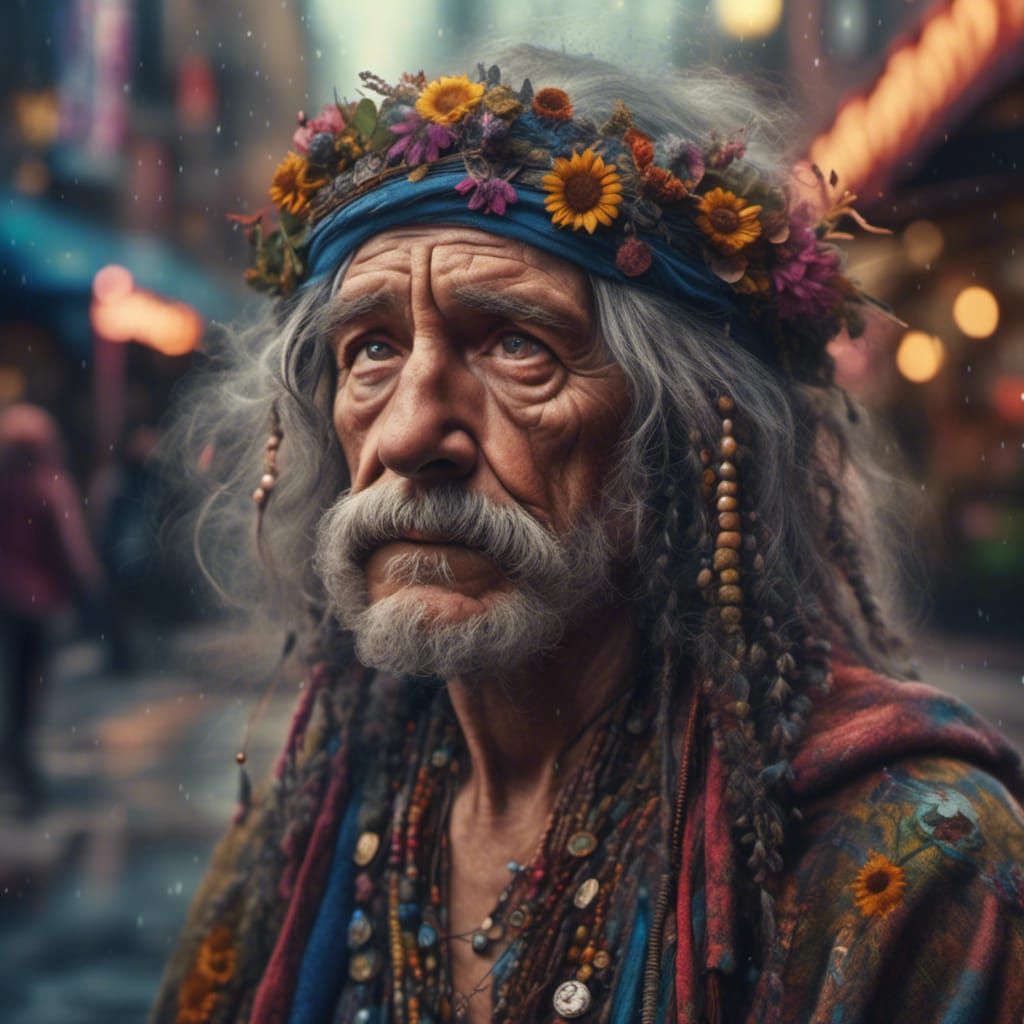 Sad Hippie Portrait on Sidewalk, Digital Matte Painting