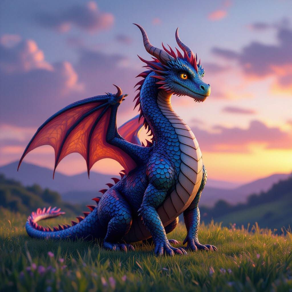 Friendly Adult Dragon in Fairy Tale Style on Lush Field