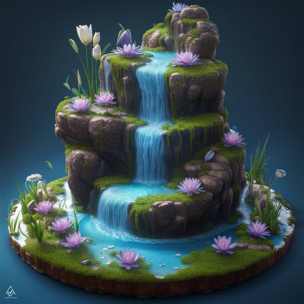 Cake Waterfall with Blue Water Lilies: Fantasy Art