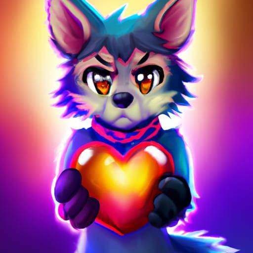 Colorful Chibi Wolf Holding a Heart Portrait