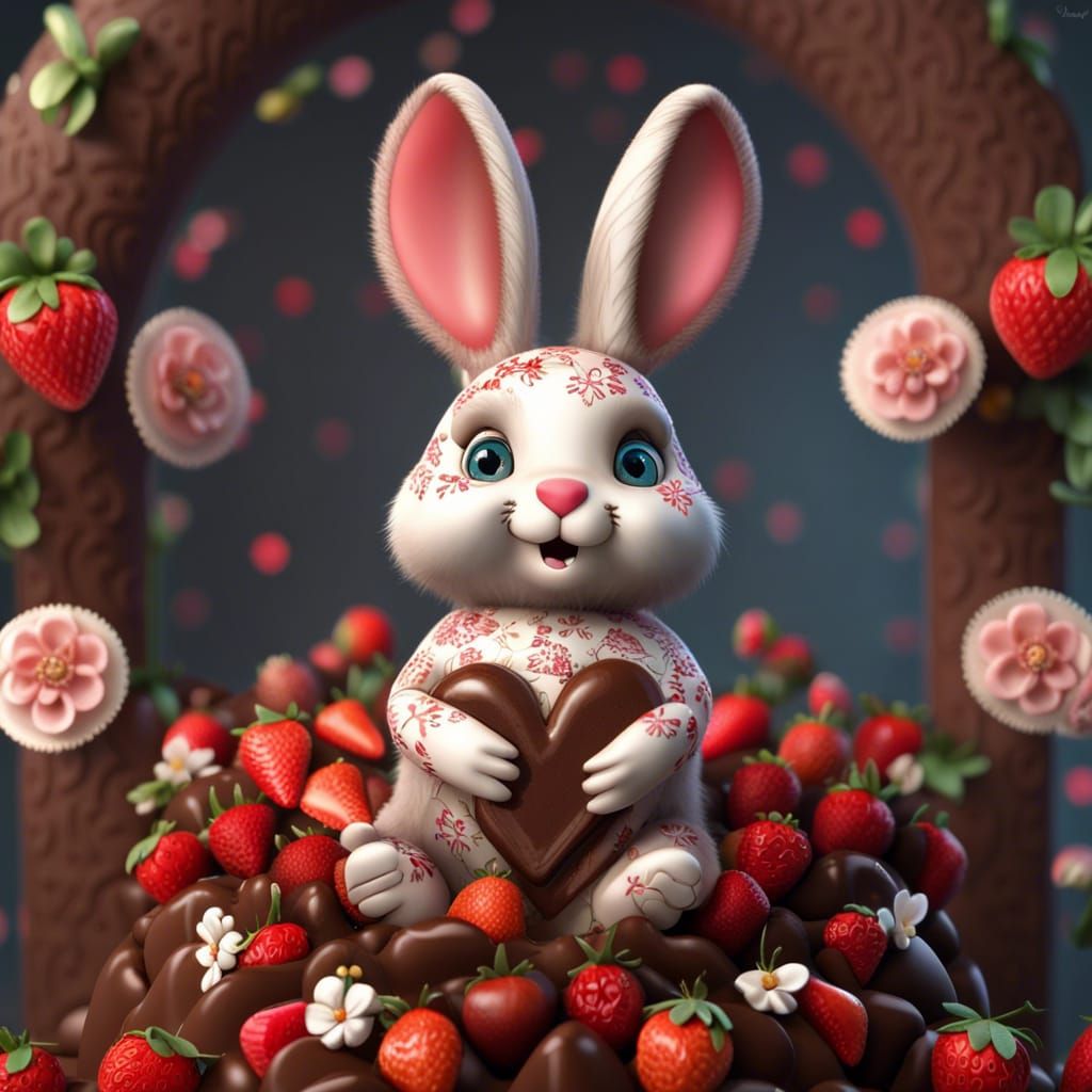 Fluffy Bunny on Chocolate Heart: Ultra Realistic Digital Art