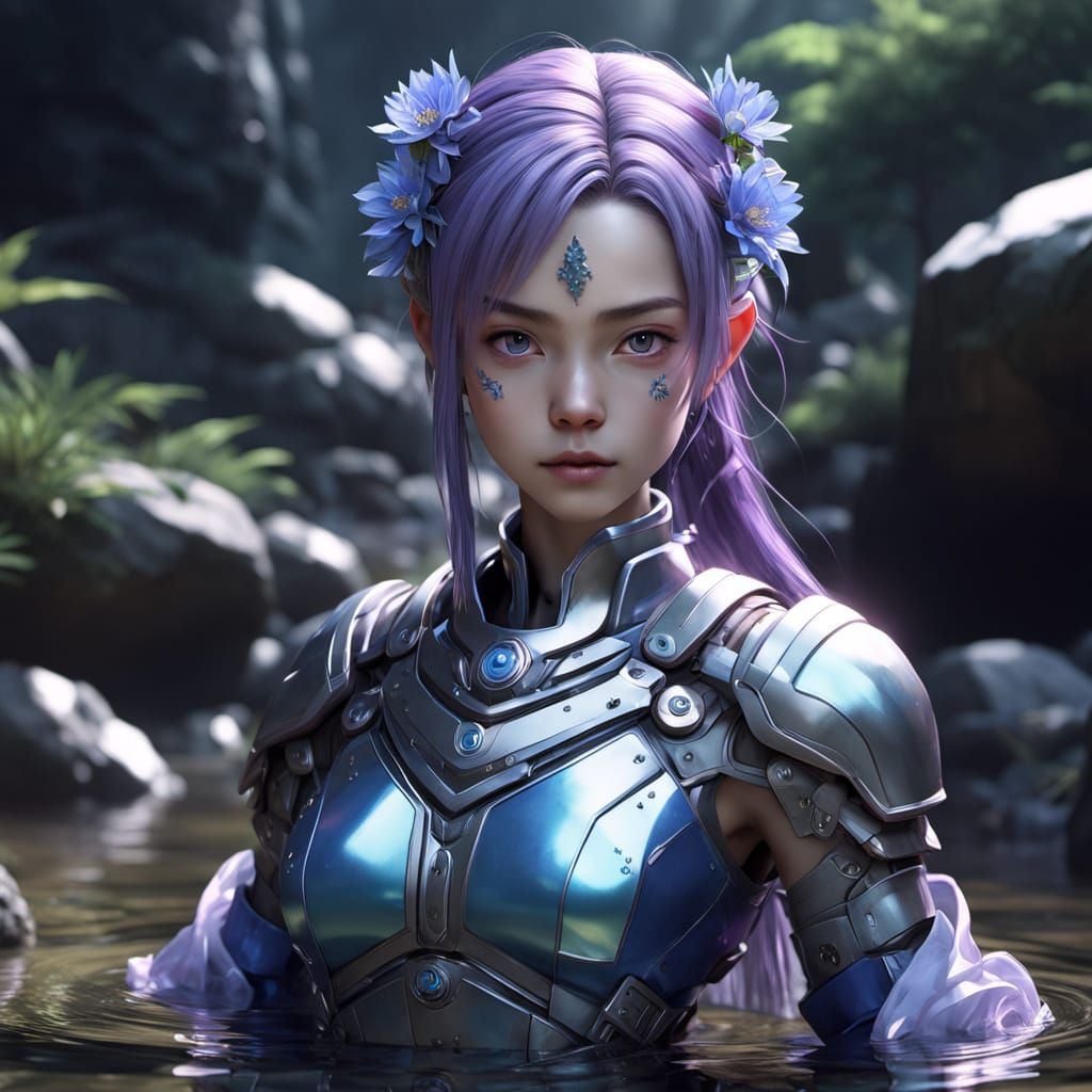 Cybernetic Monk Emerges from Stream: 3D Anime Art