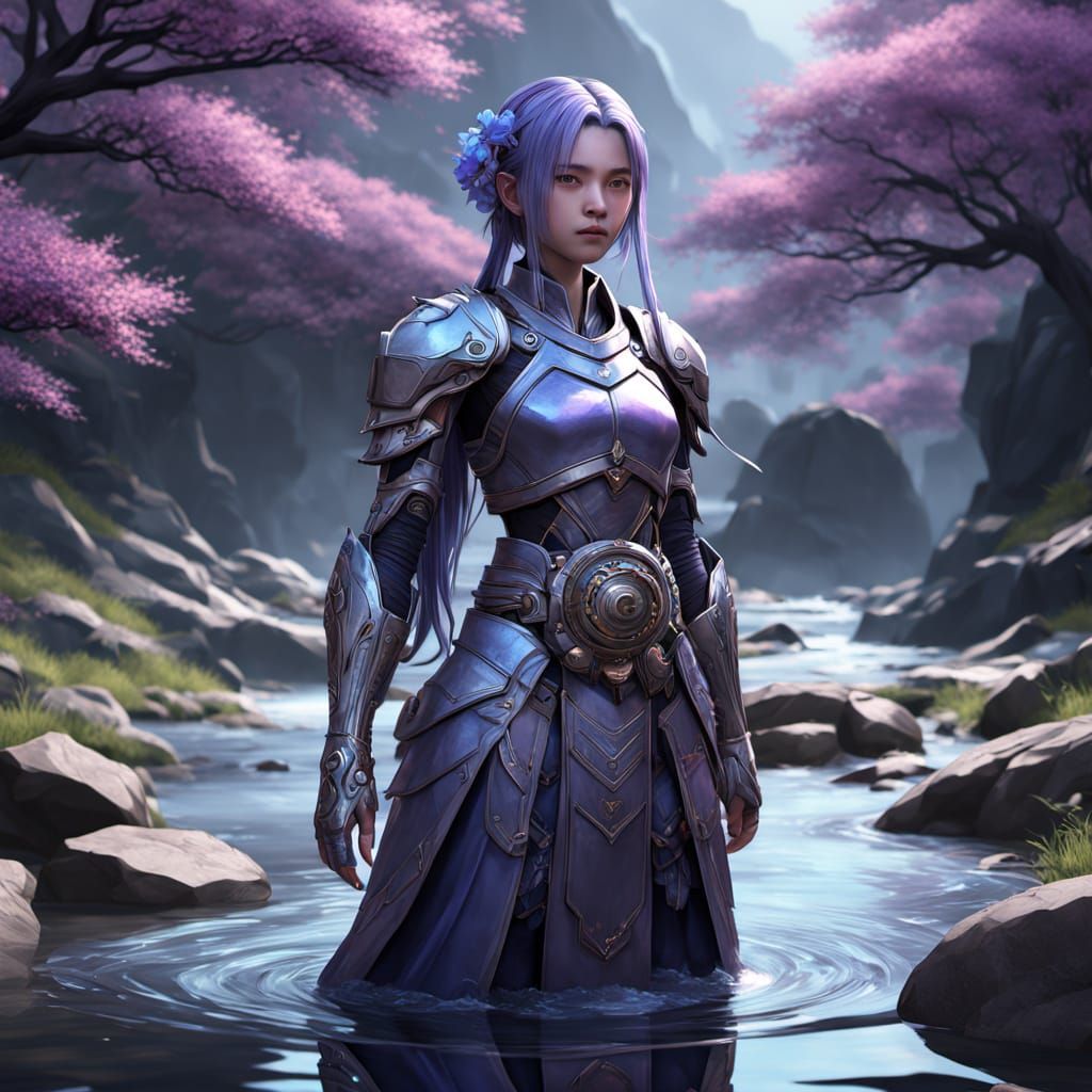 Cybernetic Monk Emerges from Stream, as 3D Anime Art