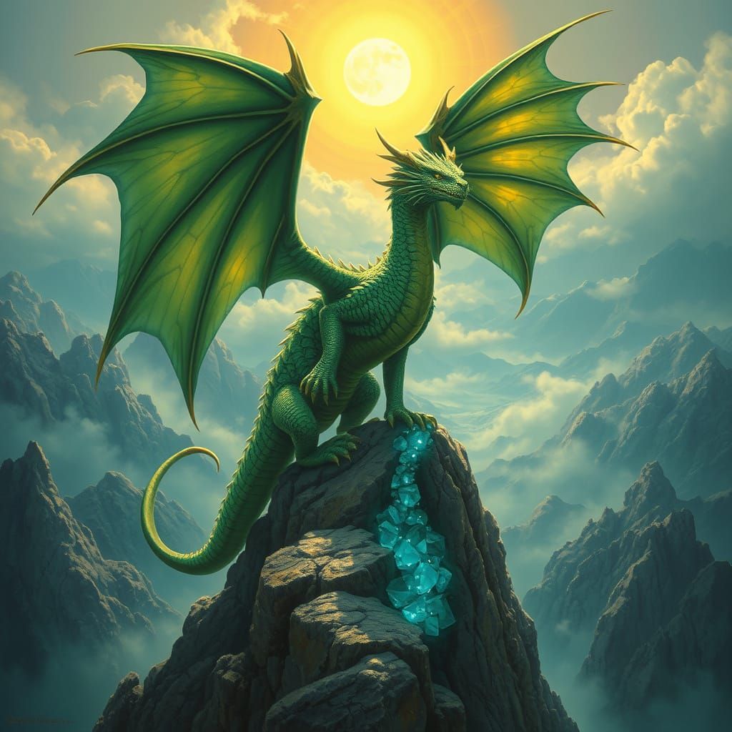 Green Dragon on Crystal Peak: Fantasy Art