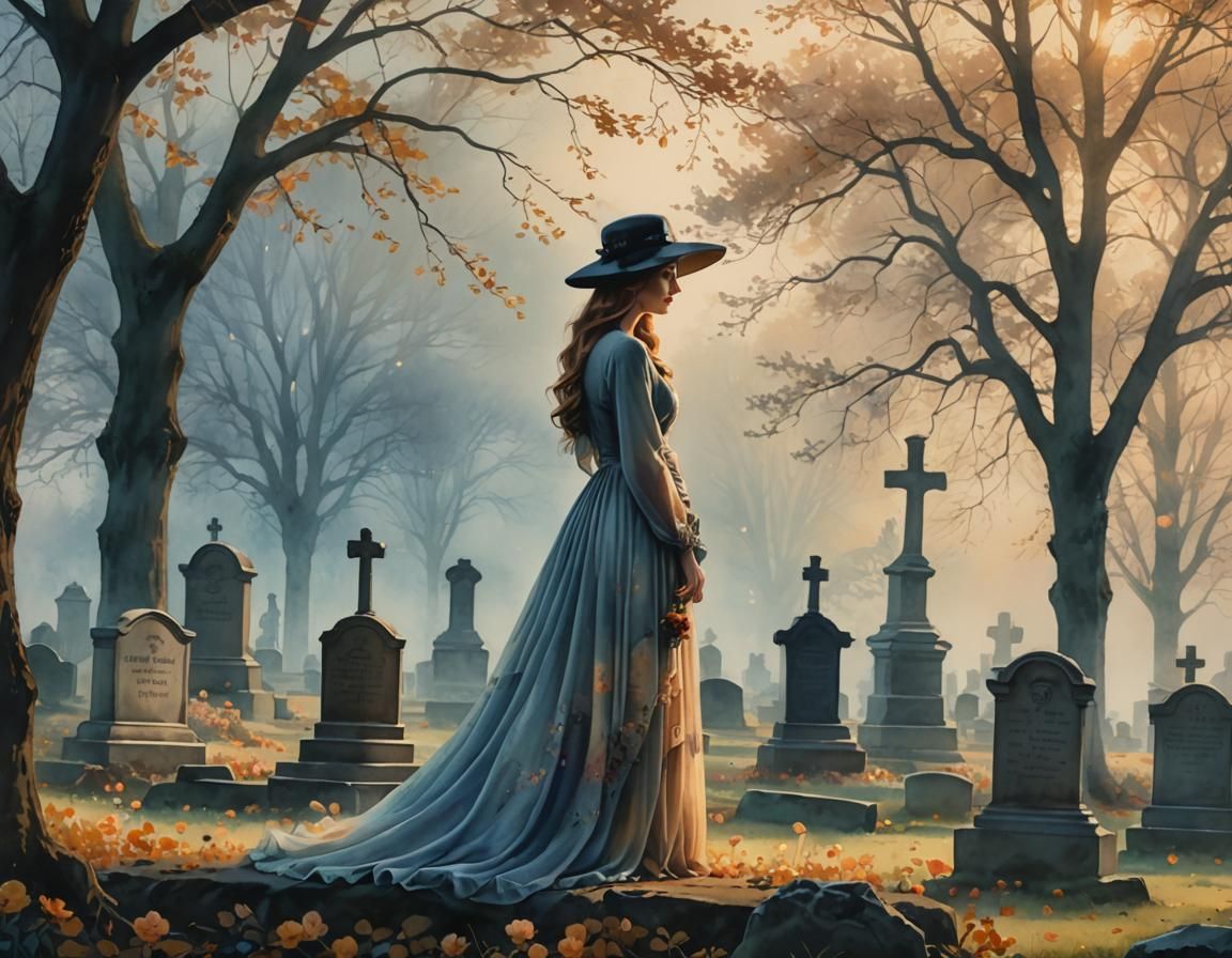 Romantic Watercolor: Woman in Cemetery at Sunset