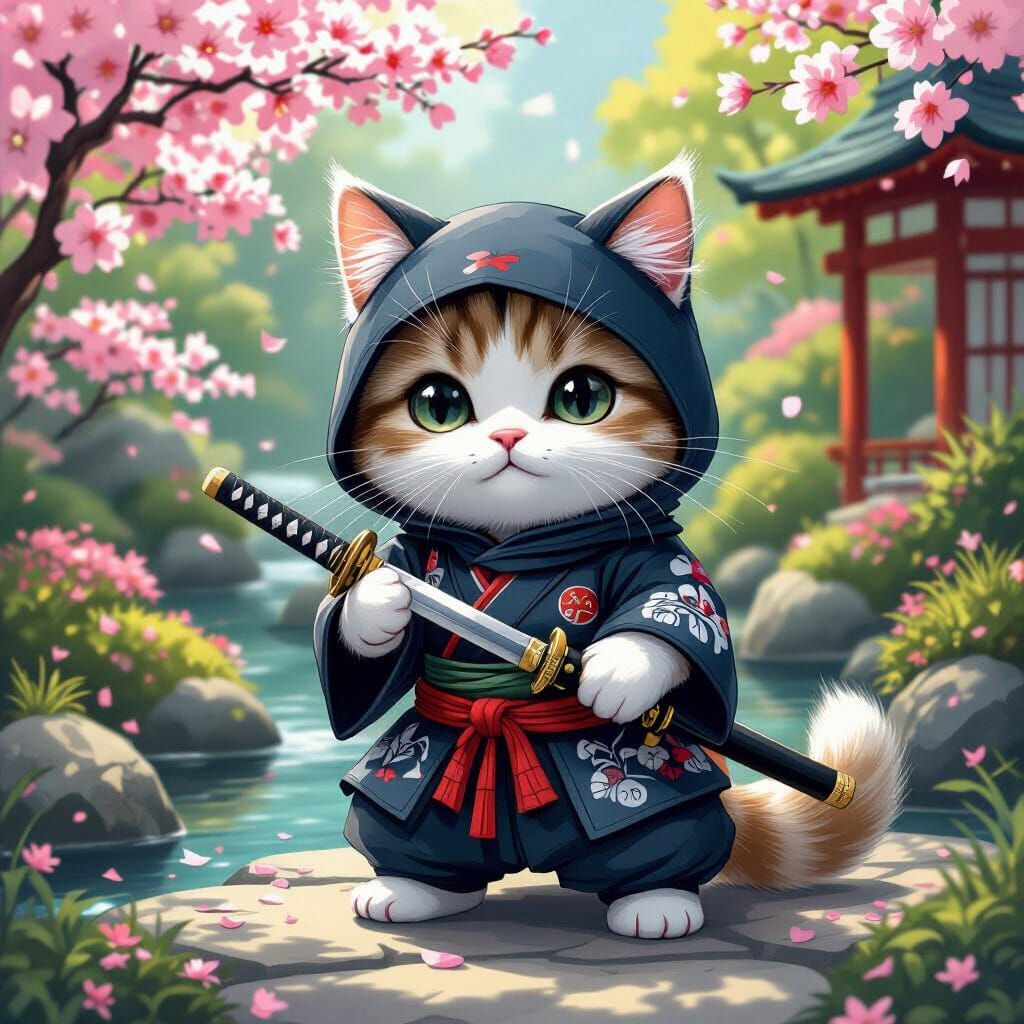 Ninja Cat in Japanese Garden, Pop Art Style