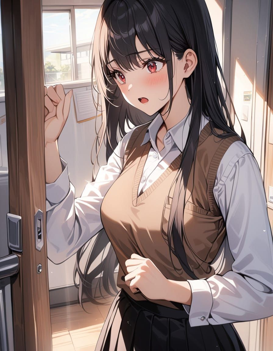 Girl in School Uniform Surprised by Sunlight in Classroom Do...