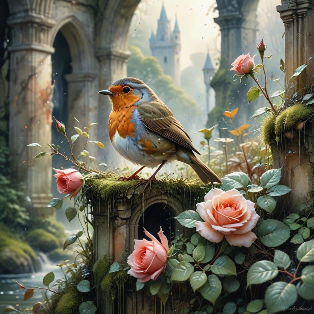 Robin with Rose in Watercolor Castle Ruins