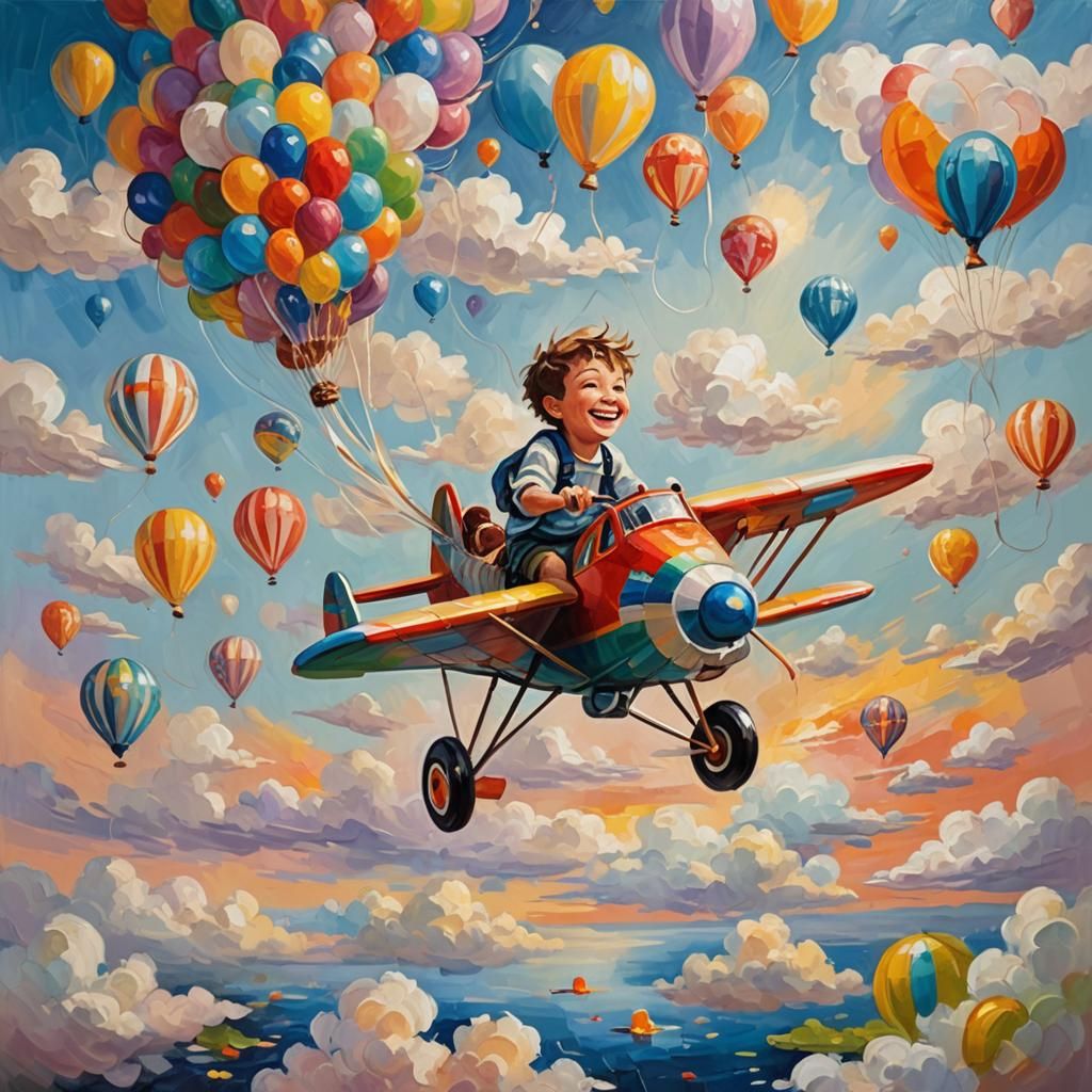 Boy Flies Airplane in Whimsical Impressionist Oil Painting