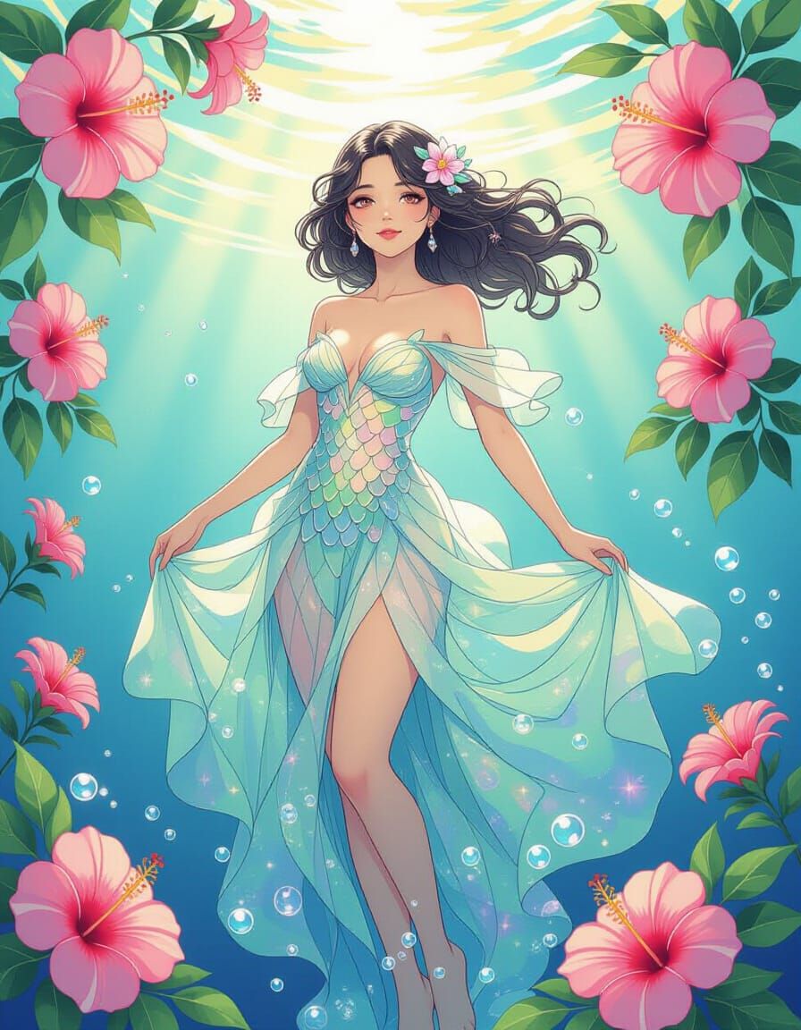 Seaweed Woman with Rainbow Hibiscus in Anime Style