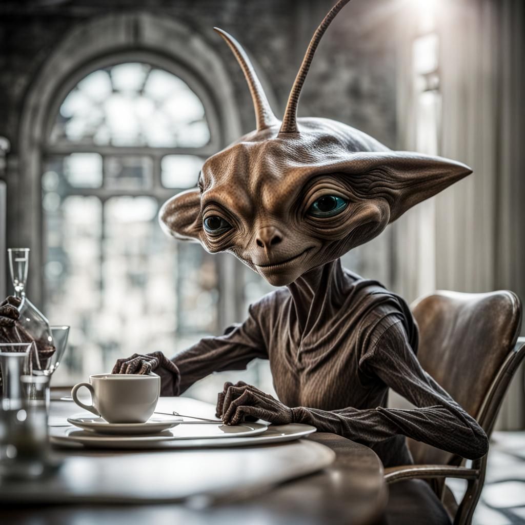 Surreal Alien Restaurant Celebration in Magical Realism