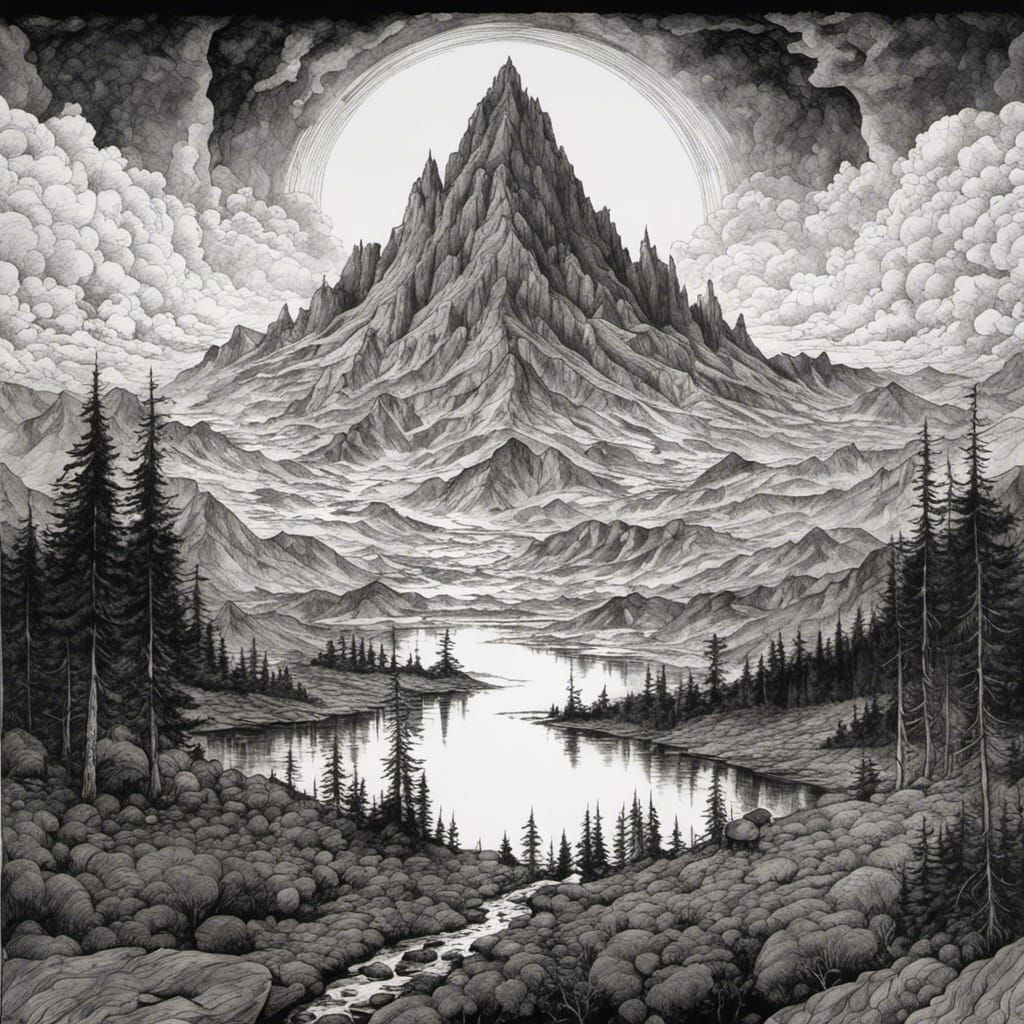 Intricate Inkblot Mountain Landscape in Dark Surrealist Styl...