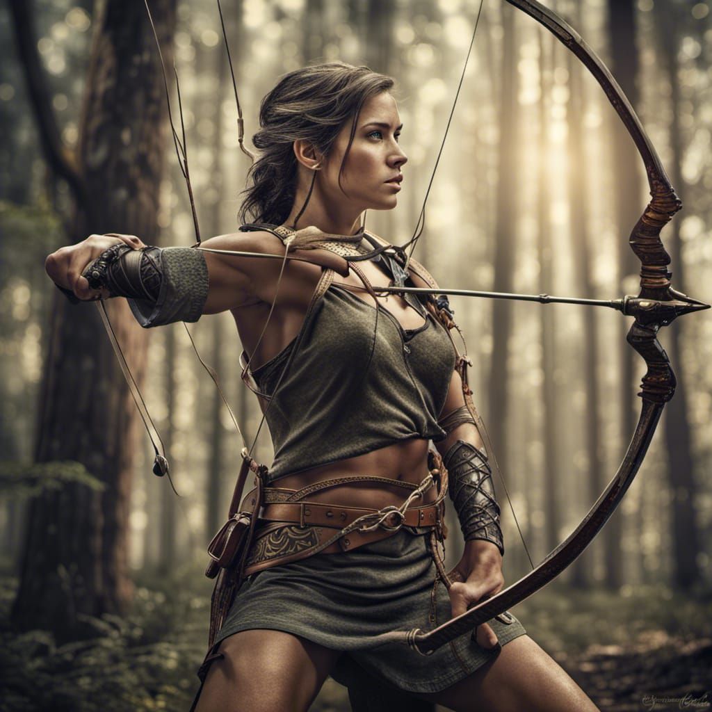 Hyperrealistic Female Archer in Moody Forest