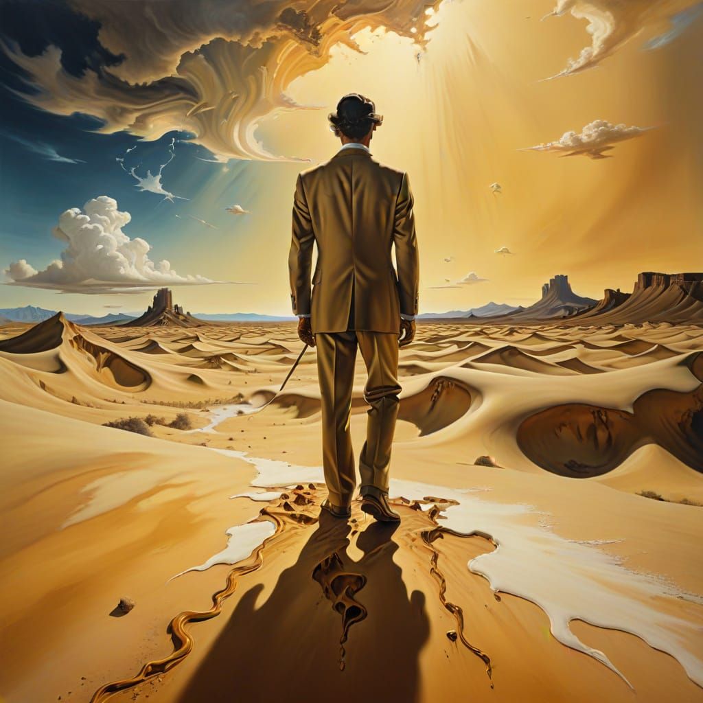 Surreal Desert Figure in Turbulent Atmosphere