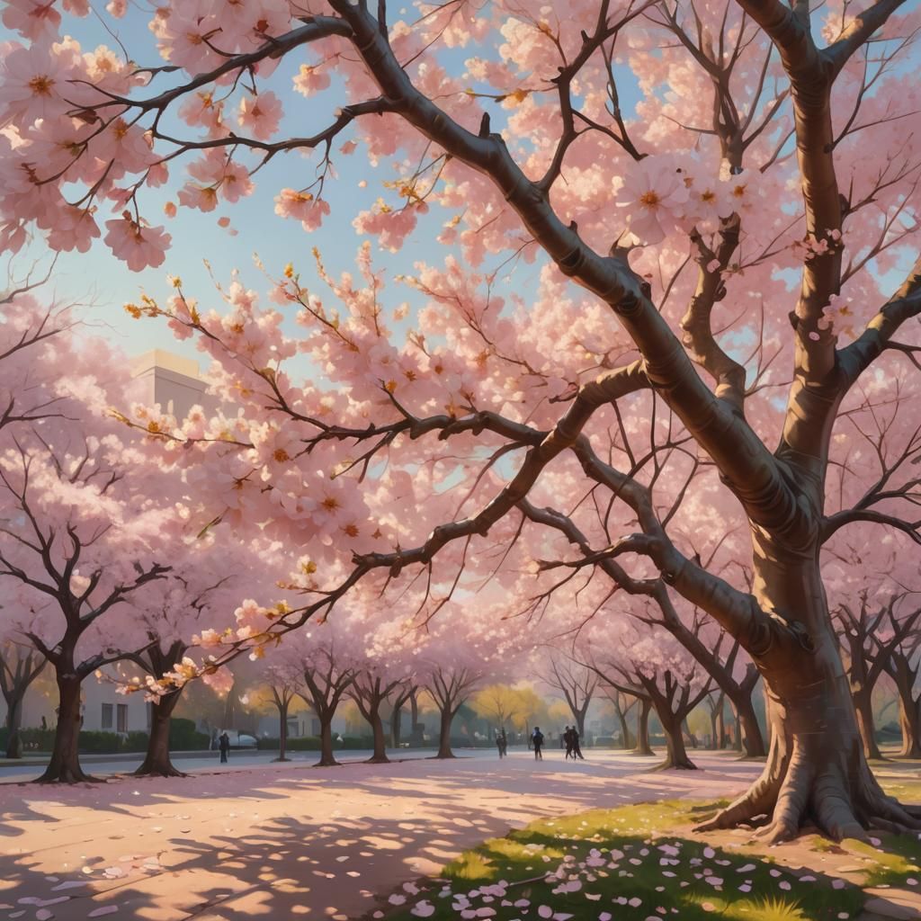 Surreal Sakura Tree Shedding Flowers in Spring