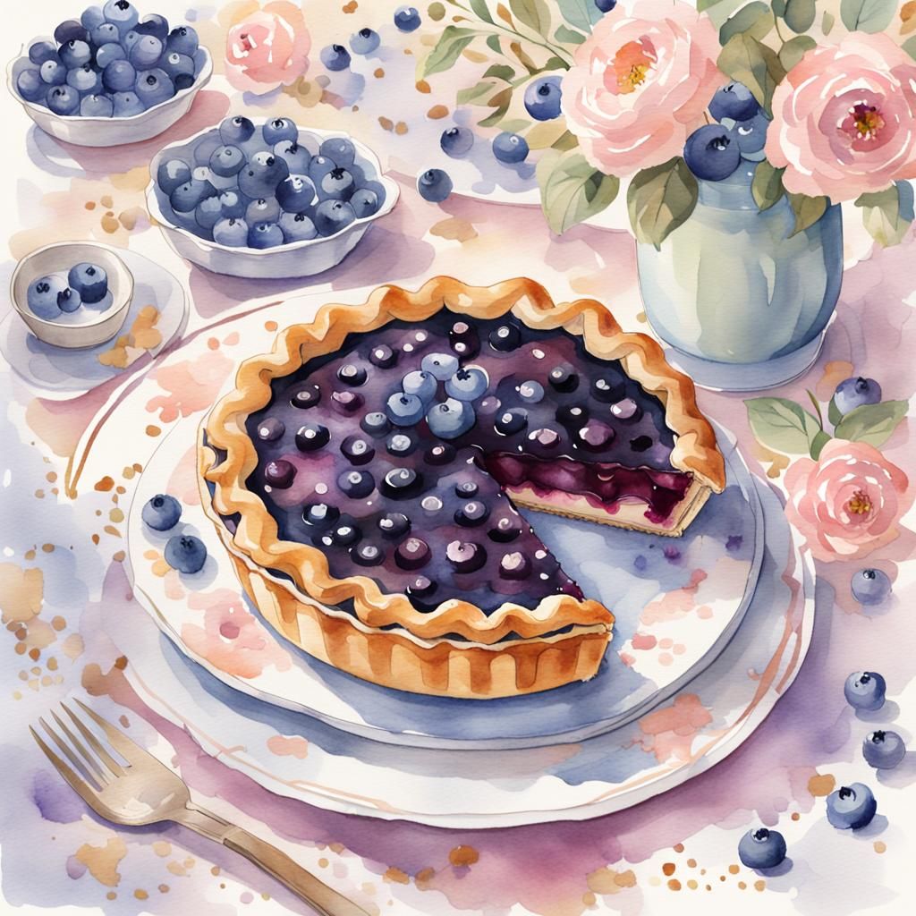 Blueberry Pie Still Life in Watercolor Style