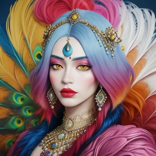 Fauvist Woman with Peacock Hair in Expressionist Portrait