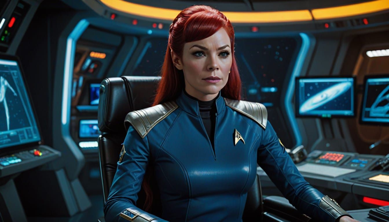 Hyperrealistic Star Trek Officer in Latex at Science Station