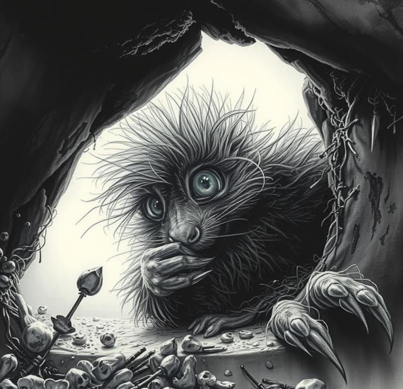 Scared Creature in Double Exposure Charcoal Drawing