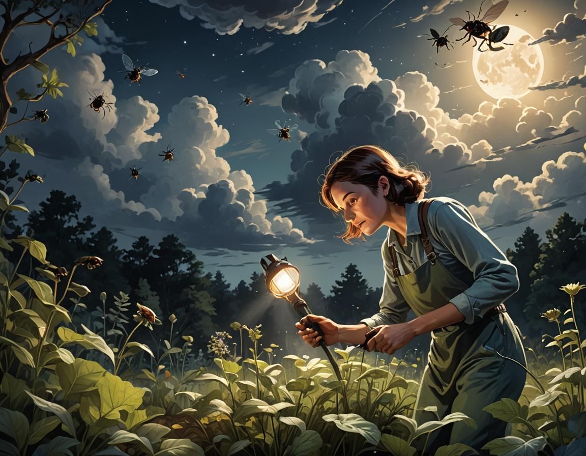 Moonlit Garden: Woman Catching Beetles in Cinematic Illustra...