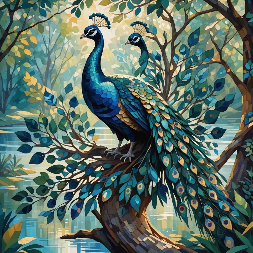 Stylized Peacock in Cubist Style with Geometric Forms