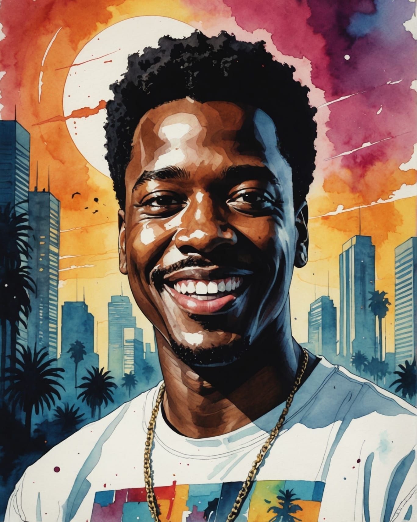 Axel Foley Portrait in Surreal Watercolor Style