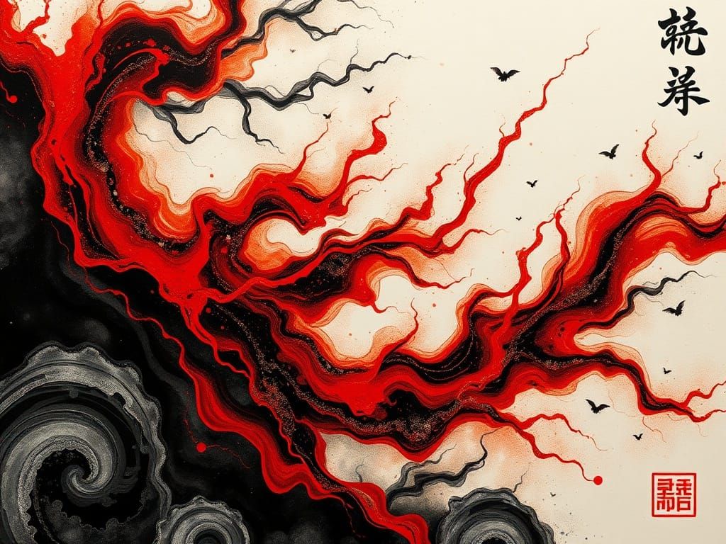 Surreal Japanese Ink Art with Gold and Blood