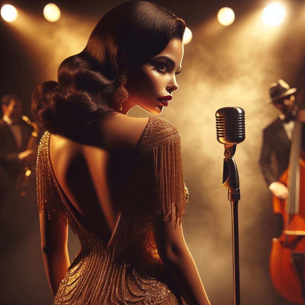 Woman in Glistening Gold Gown Awaits Performance