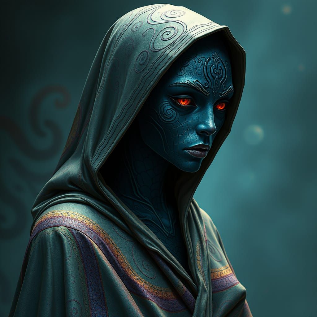 Surreal, Biomechanical Woman with Swirling Patterns and Irid...