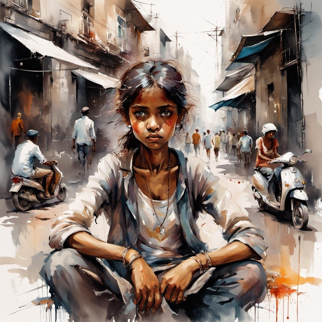 Sorrowful Street Girl in Mumbai's Bustling Chaos