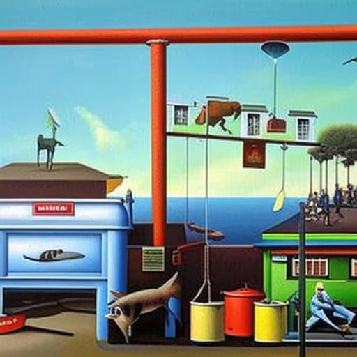 Surreal Regionalist Painting of Daily Routine