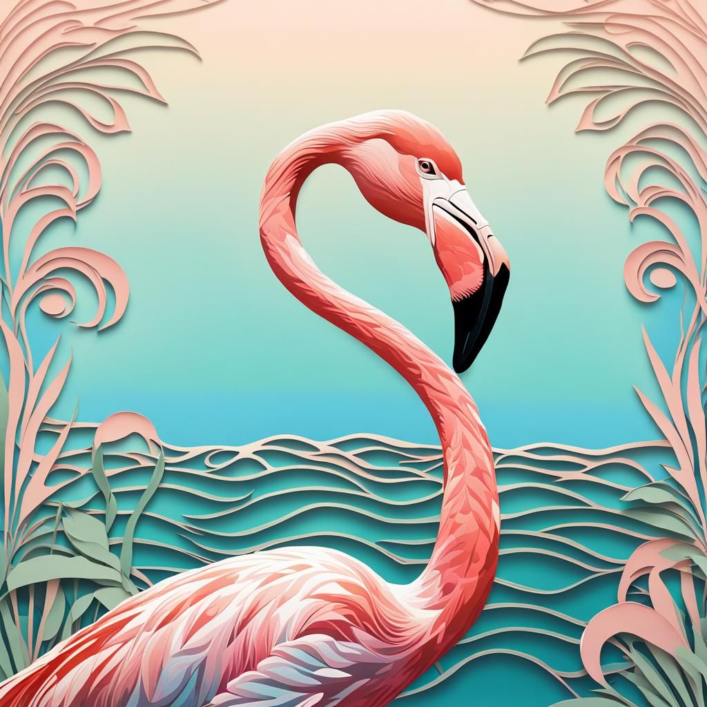 Pink Flamingo Silhouette in Art Nouveau Paper Cut