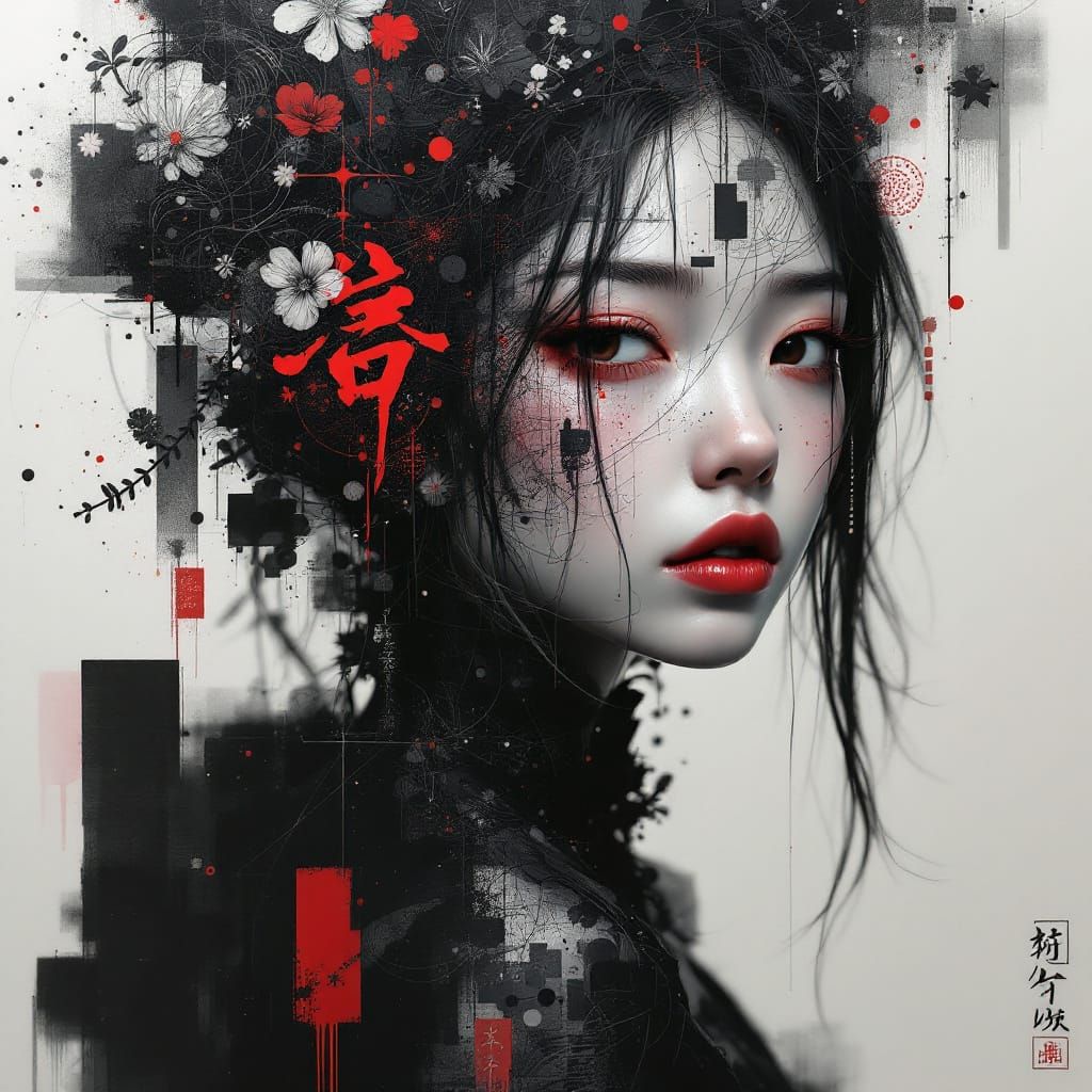 Young Asian Girl in Abstract Monochrome Style