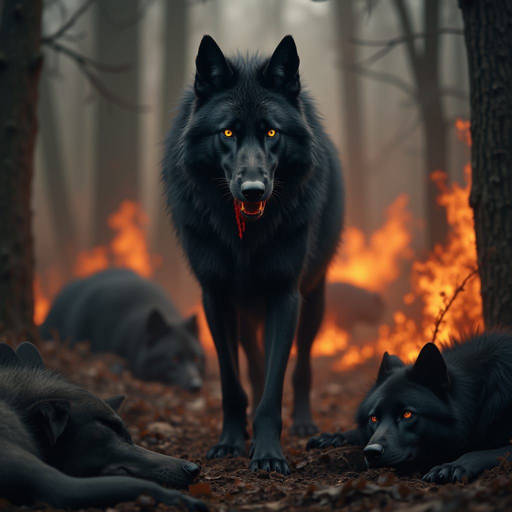 Black Wolf in Burning Forest: Dystopian Realism