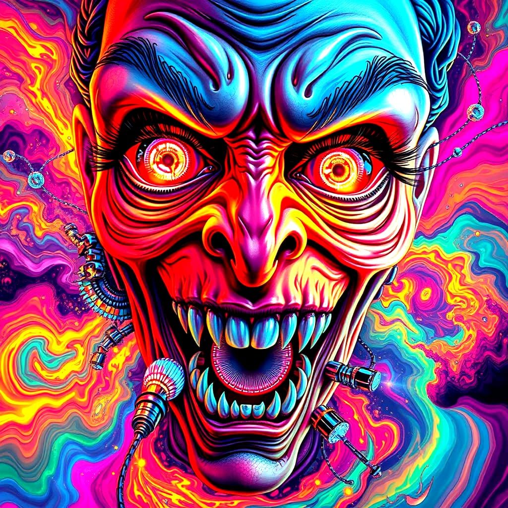 Cyber-Surreal Dreamscape with Distorted Human Face