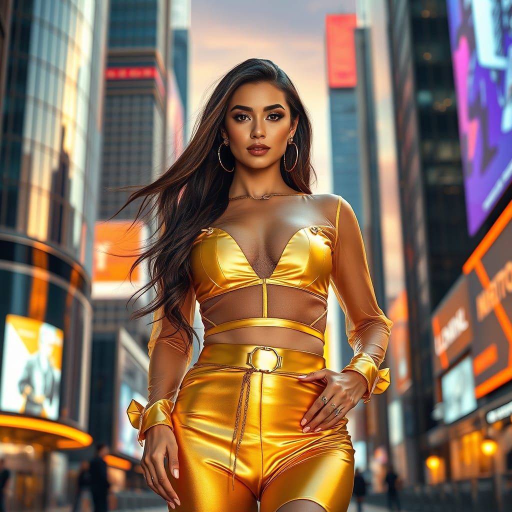 Futuristic Woman in Gold Cityscape at Golden Hour