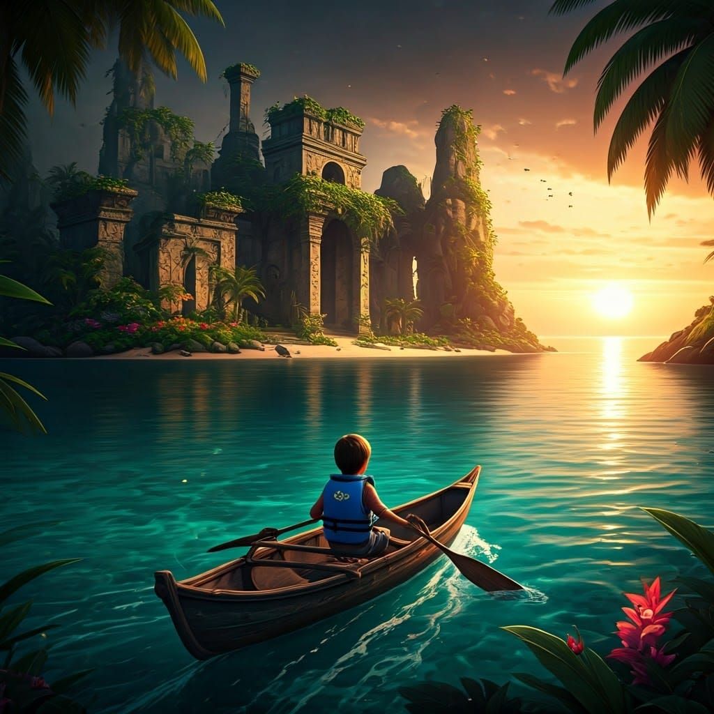 Boy's Island Discovery at Sunset