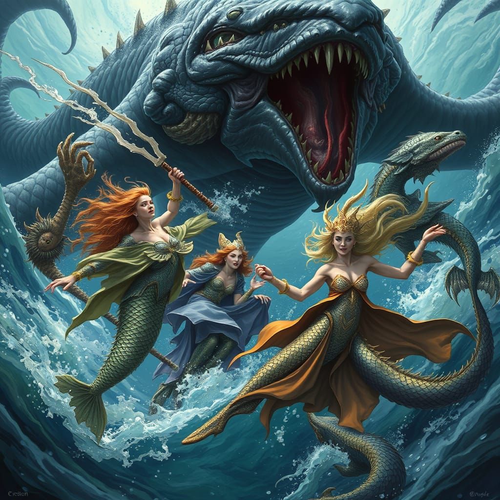 Mythical Sea Creatures Battle Serpent in a Vibrant Oceanic S...