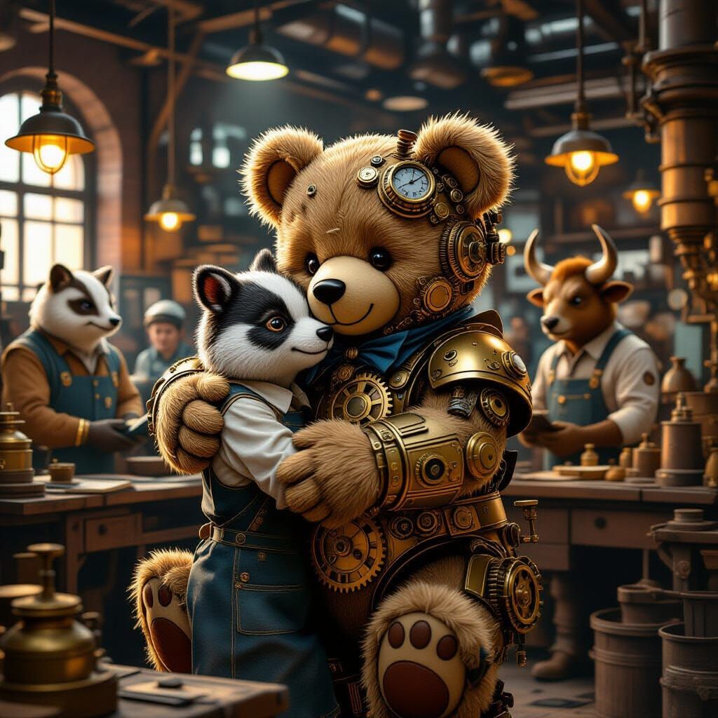 Steampunk Teddy Bear Hugs Factory Worker With Animal-Headed ...