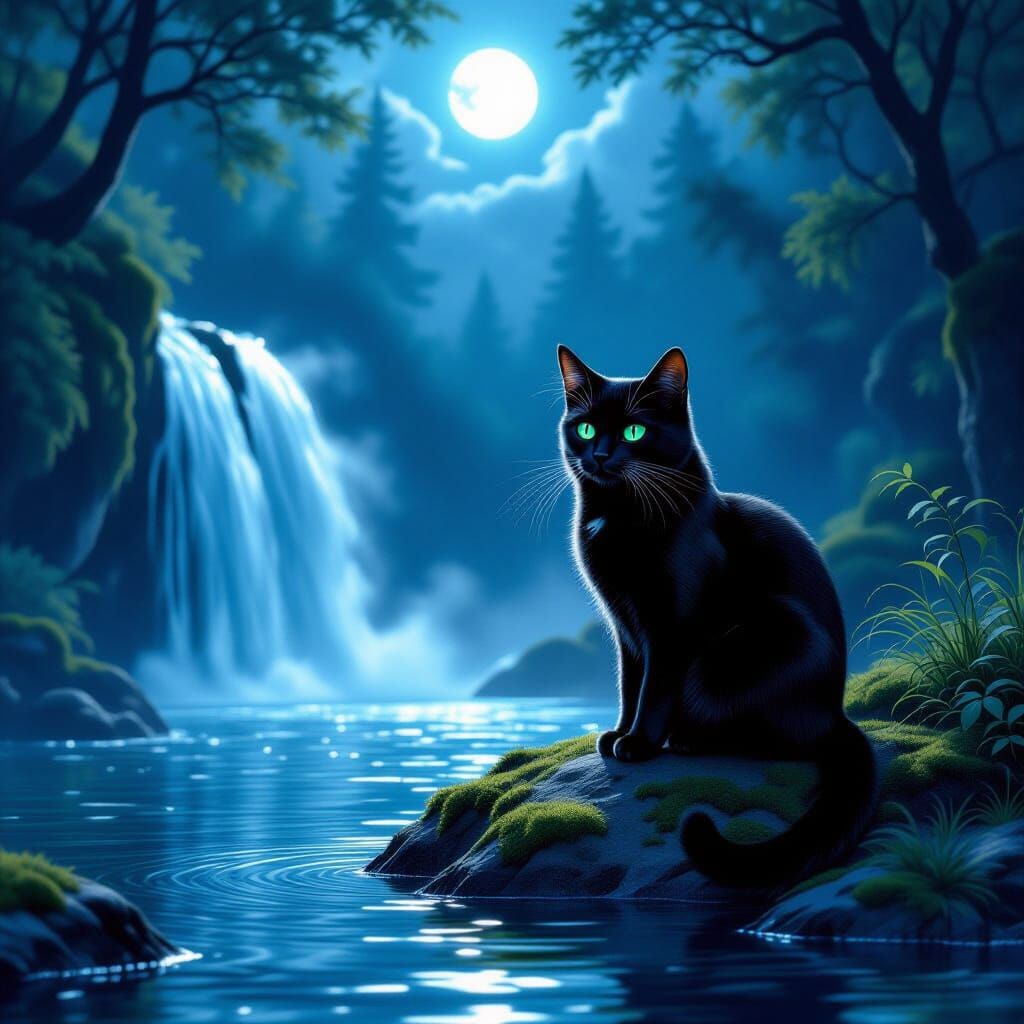Black Cat by Moonlit Waterfall in Painterly Style