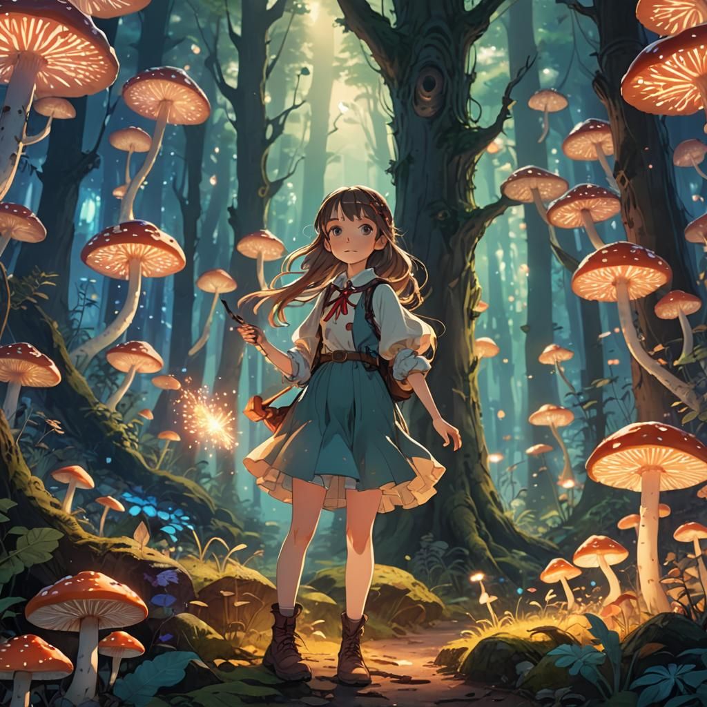 Magical Forest Girl with Wand in Anime Style