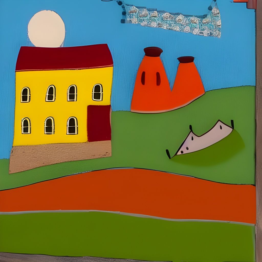 Folk Art House with Fox in Hilly Landscape