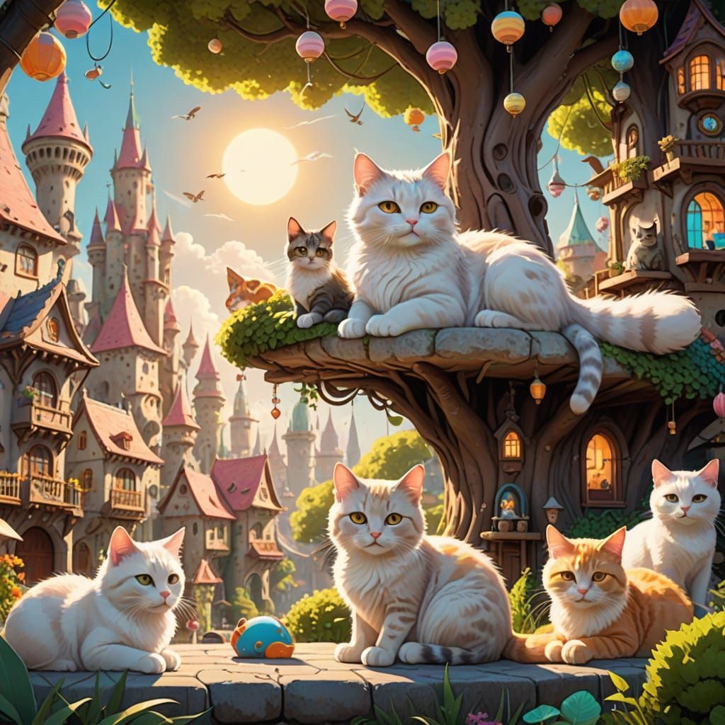 Whimsical Feline Metropolis in Vibrant Pastels