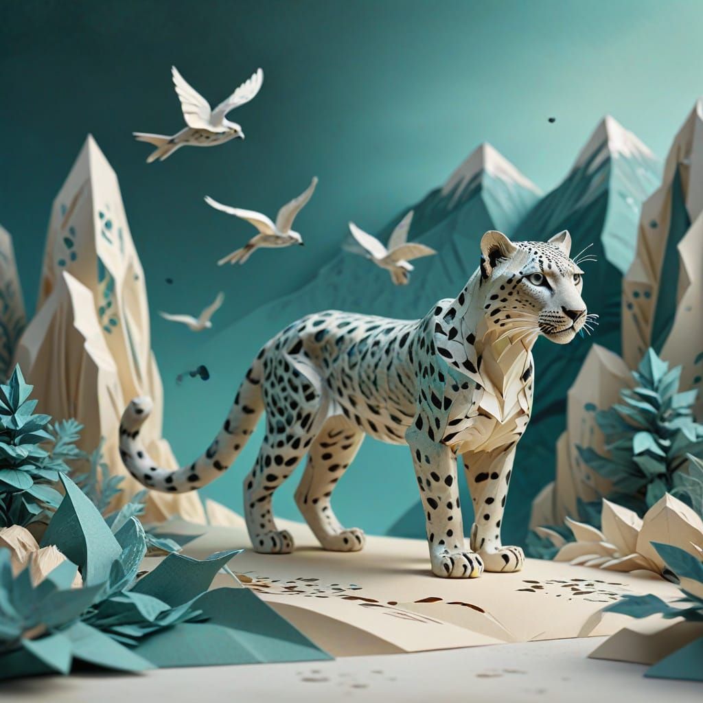 Snow Leopard Papercraft Diorama in Snowy Mountains