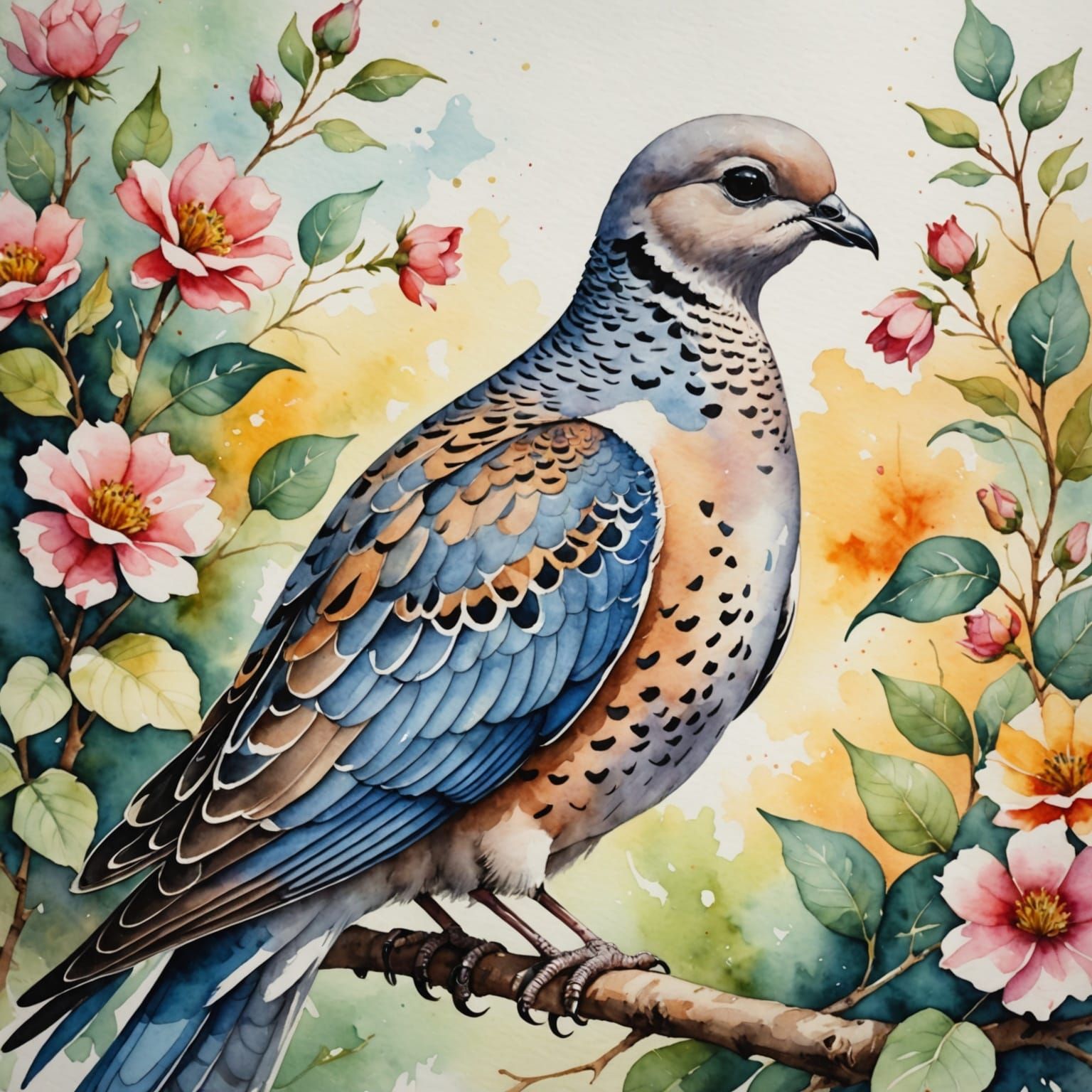 Watercolor Turtledove in Vibrant Colors