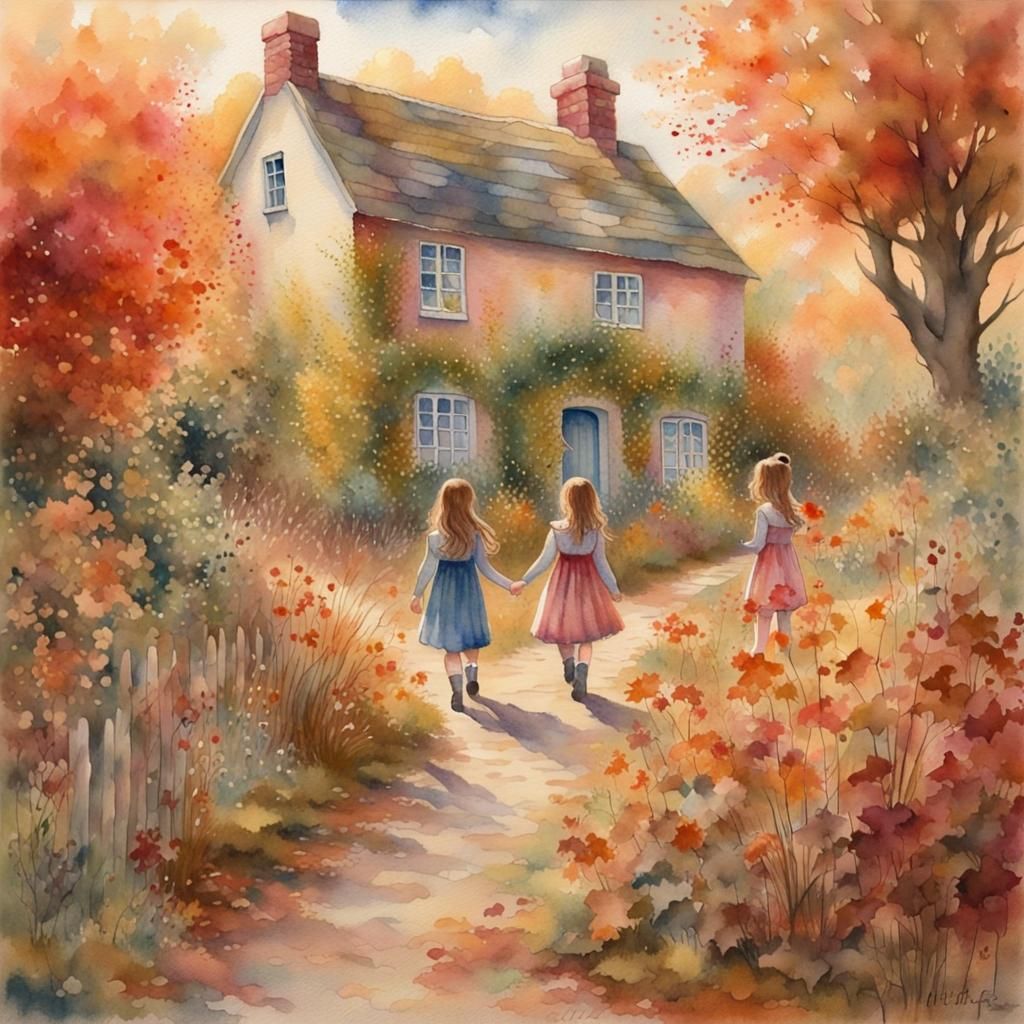 Watercolor Girls by Cottage in Autumn Garden