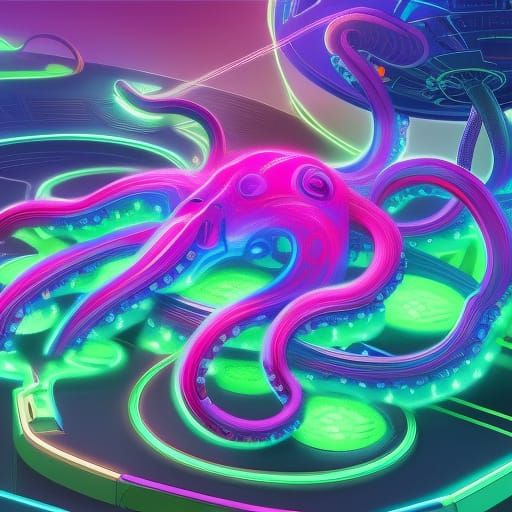 Neon Octopus in Galaxy, Vaporwave Style