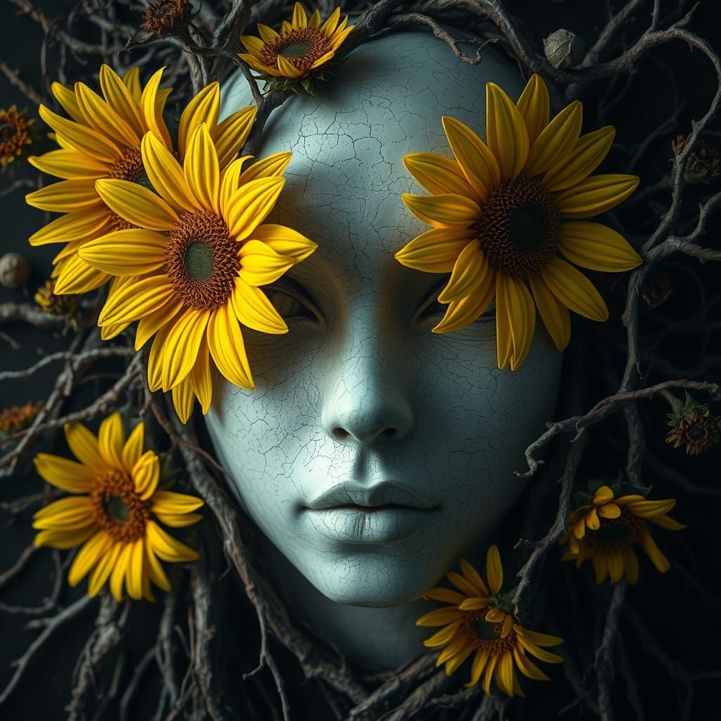 Surreal Portrait of a Face with Sunflowers in Photorealistic...