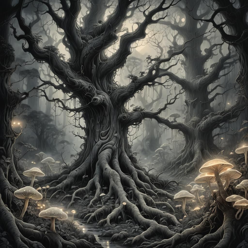 Mystical Forest with Glowing Mushrooms, Charcoal Drawing