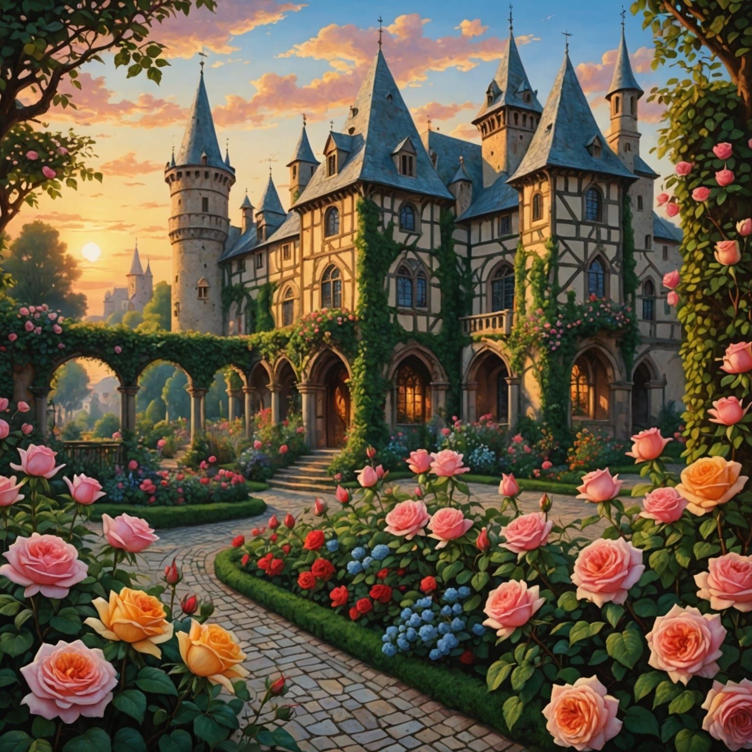 Medieval Rose Garden at Dawn: A Colorful Scene